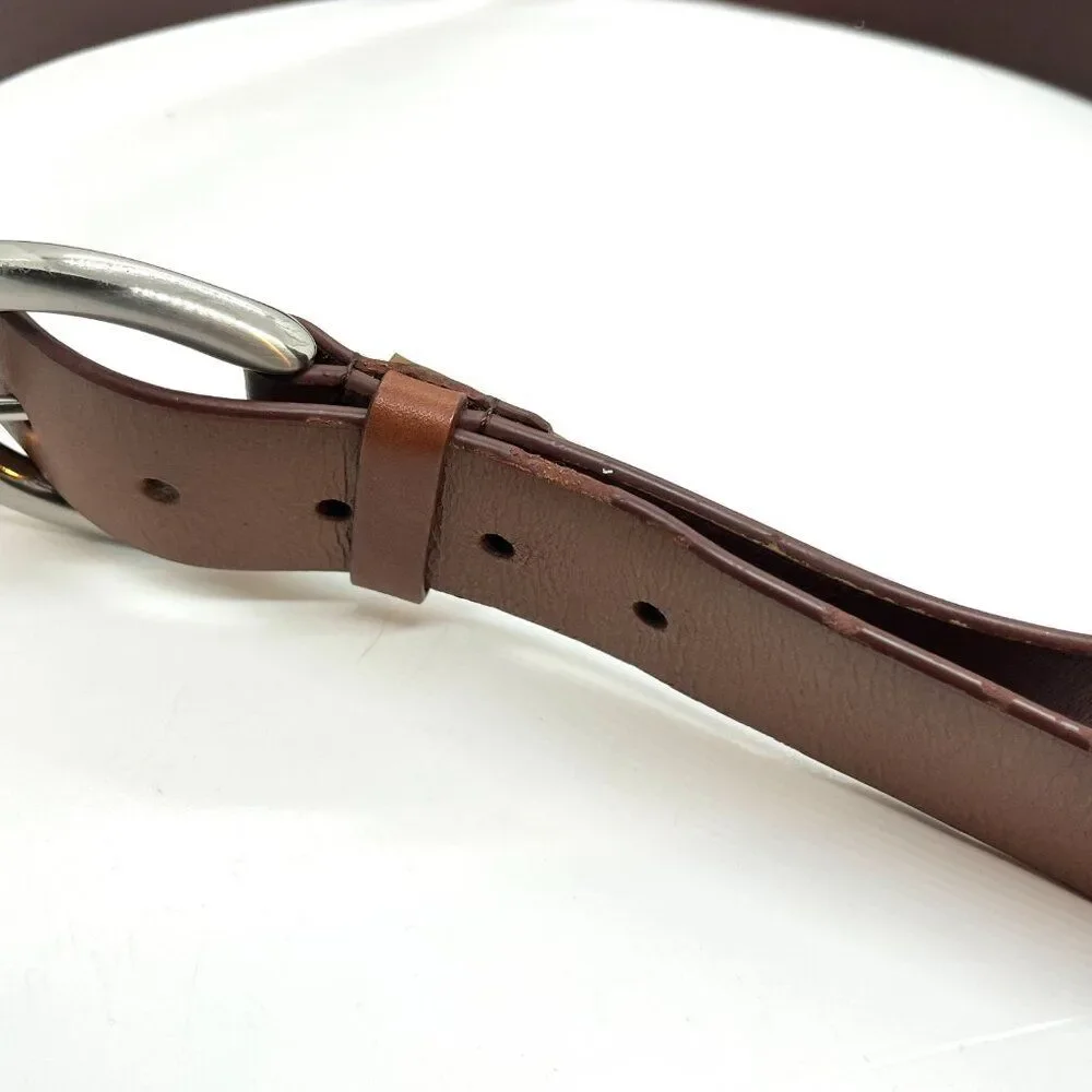 TALBOTS LEATHER BELT Brown Genuine Leather Silver Oval Buckle Large USA